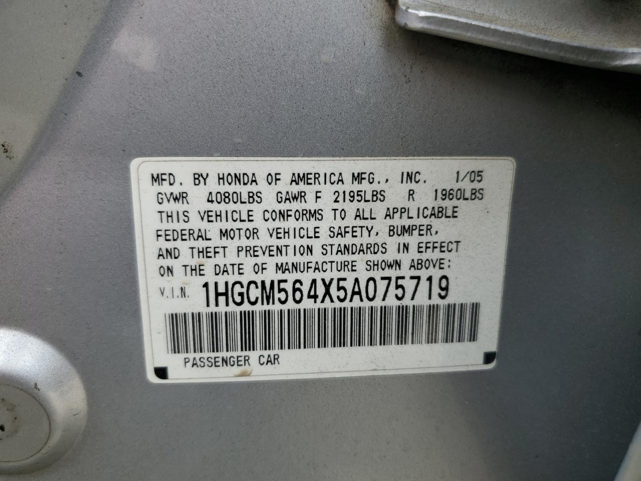 2005 Honda Accord Lx VIN: 1HGCM564X5A075719 Lot: 81108845