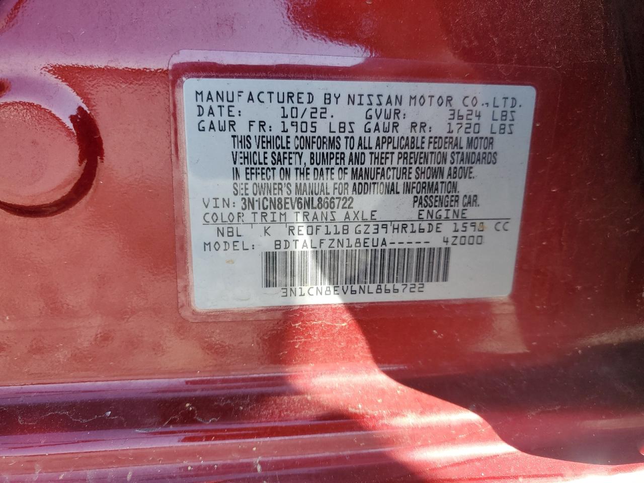 2022 Nissan Versa Sv VIN: 3N1CN8EV6NL866722 Lot: 71988015