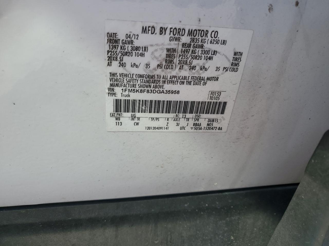 2013 Ford Explorer Limited VIN: 1FM5K8F83DGA35958 Lot: 71195985