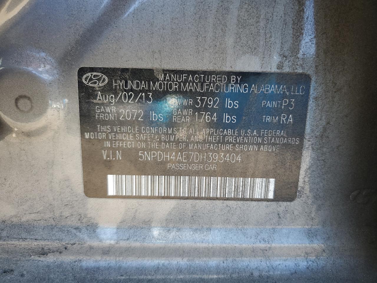 2013 Hyundai Elantra Gls VIN: 5NPDH4AE7DH393404 Lot: 71319645