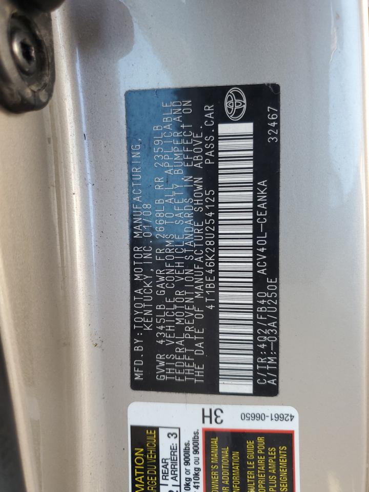 2008 Toyota Camry Ce VIN: 4T1BE46K28U254125 Lot: 81788875