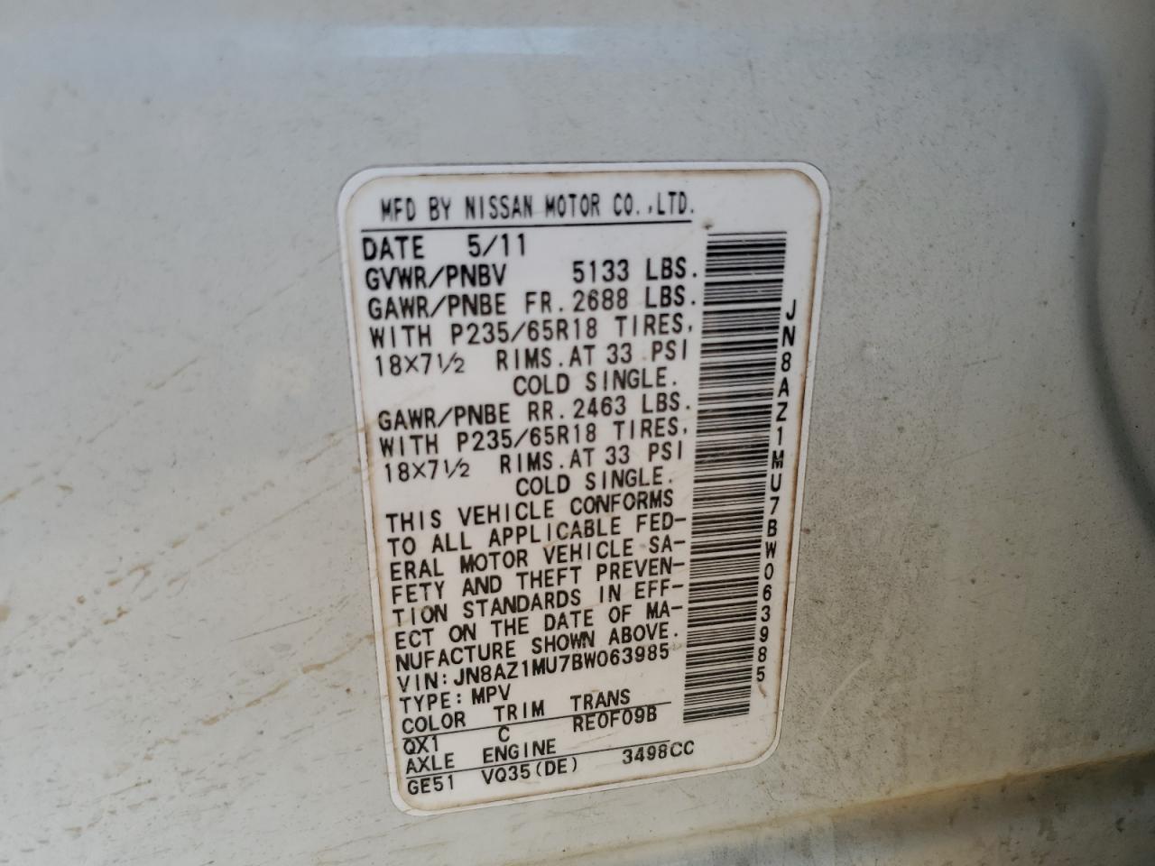 2011 Nissan Murano S VIN: JN8AZ1MU7BW063985 Lot: 80186995