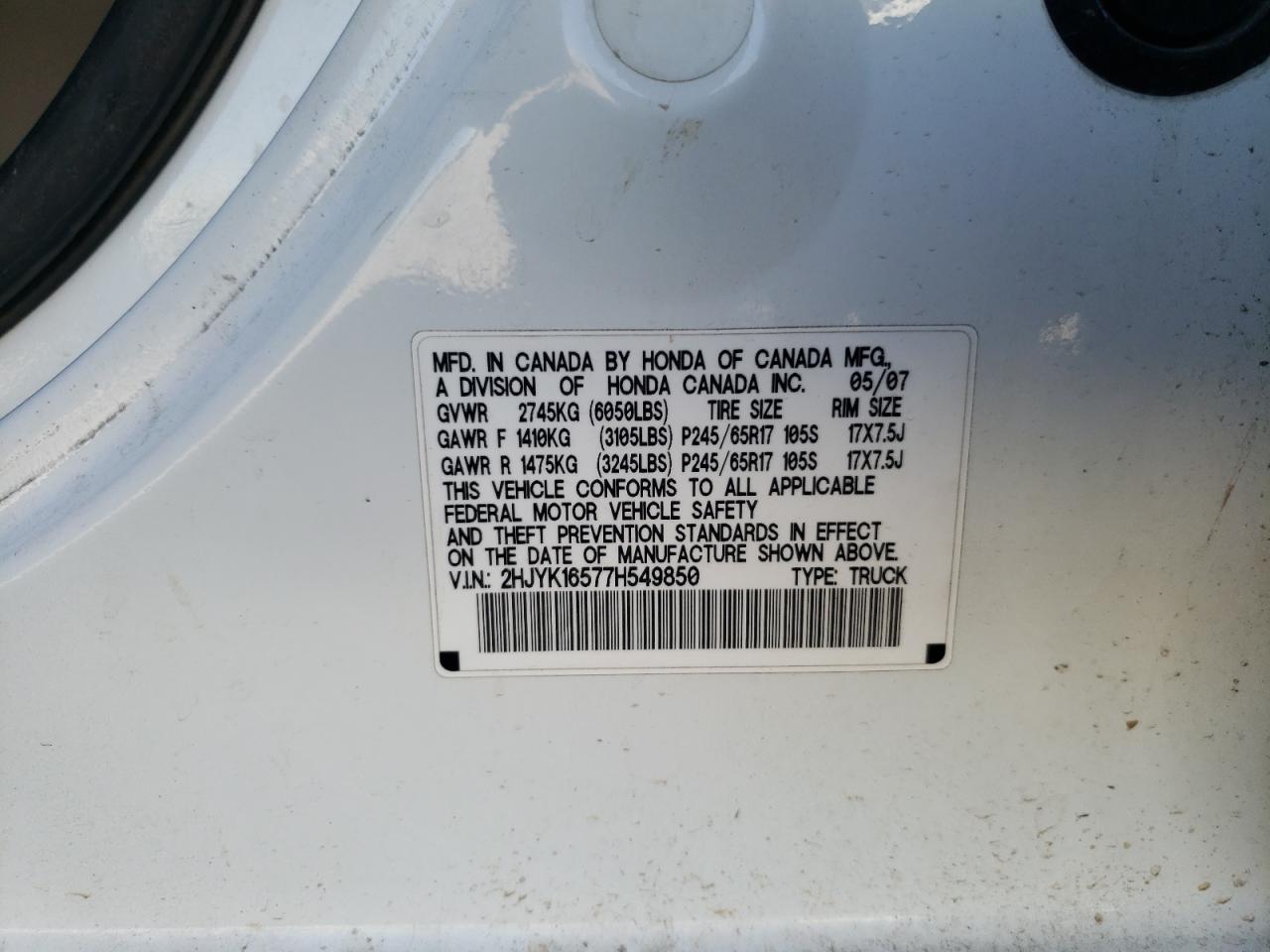 2007 Honda Ridgeline Rtl VIN: 2HJYK16577H549850 Lot: 81614685