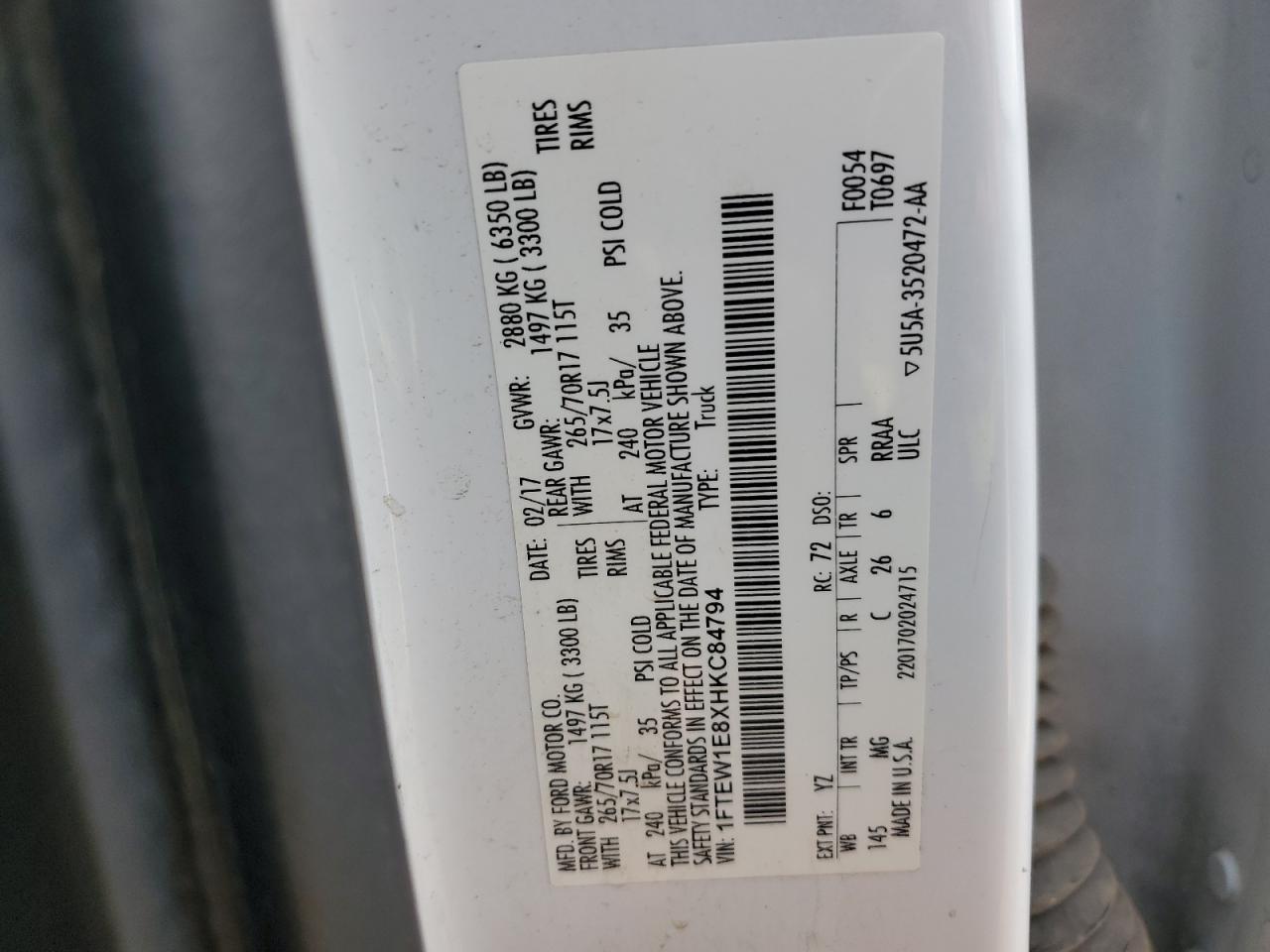 2017 Ford F150 Supercrew VIN: 1FTEW1E8XHKC84794 Lot: 71864505