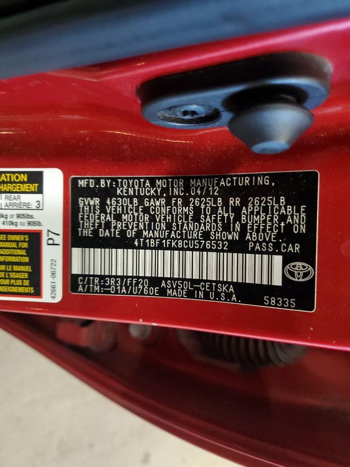 2012 Toyota Camry Base VIN: 4T1BF1FK8CU576532 Lot: 81909275