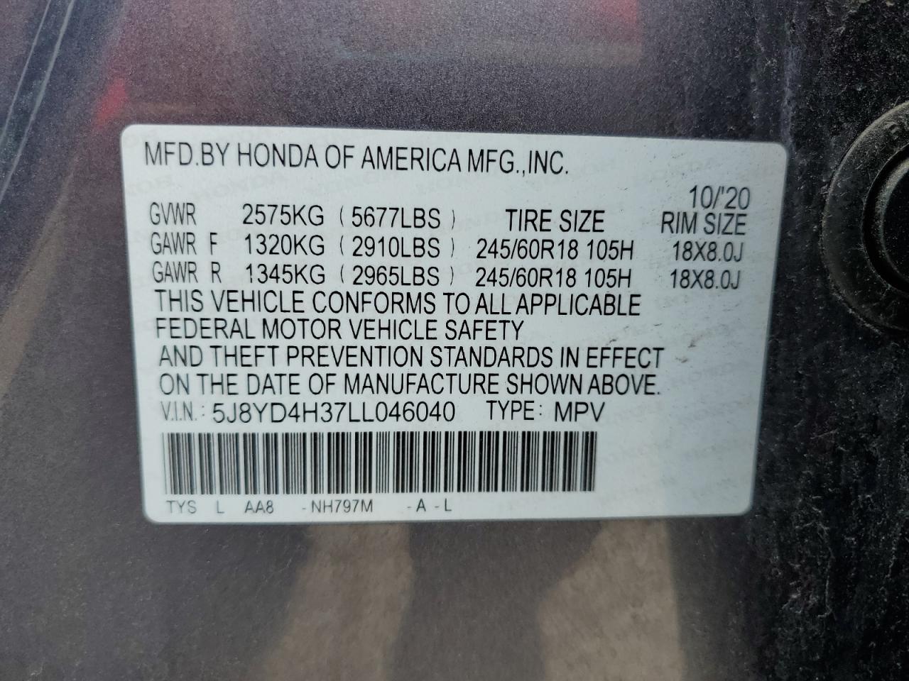 2020 Acura Mdx VIN: 5J8YD4H37LL046040 Lot: 81074925