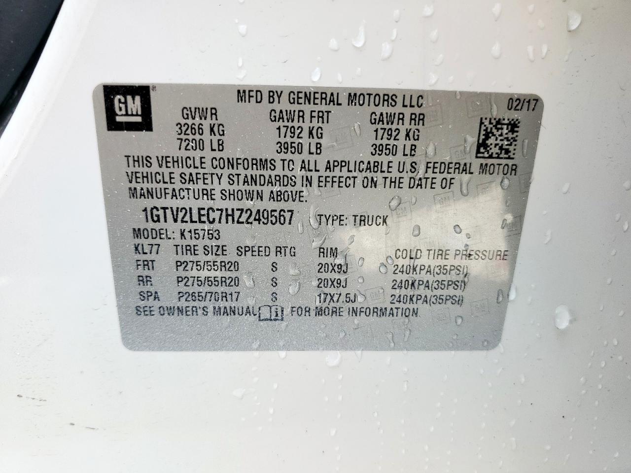 2017 GMC Sierra K1500 VIN: 1GTV2LEC7HZ249567 Lot: 70647595