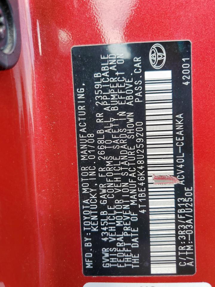 2008 Toyota Camry Ce VIN: 4T1BE46K48U259200 Lot: 82169515