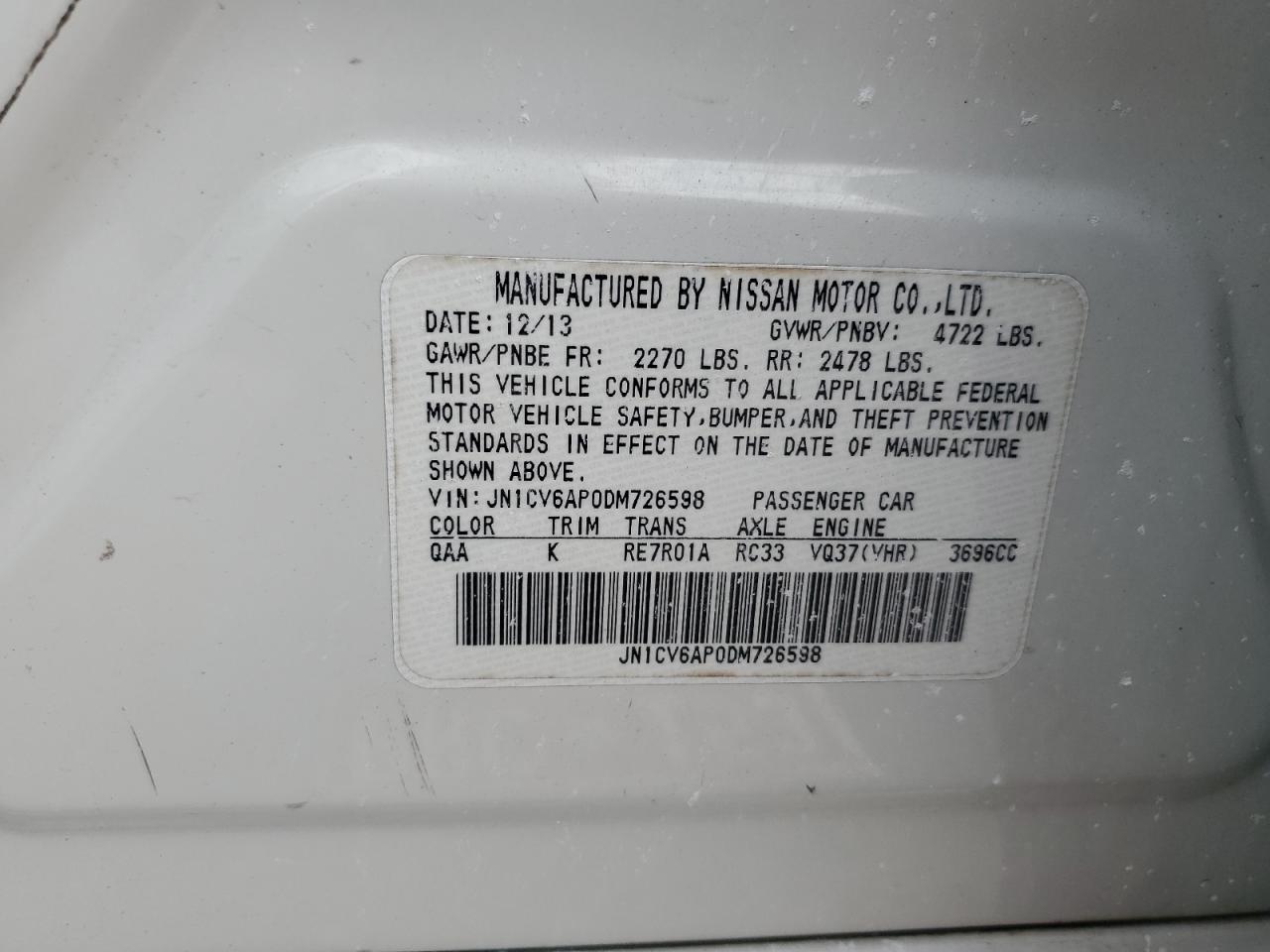 2013 Infiniti G37 Base VIN: JN1CV6AP0DM726598 Lot: 82110715