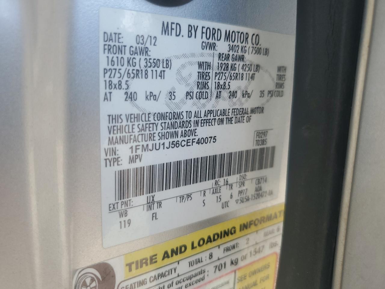 2012 Ford Expedition Xlt VIN: 1FMJU1J56CEF40075 Lot: 70683785