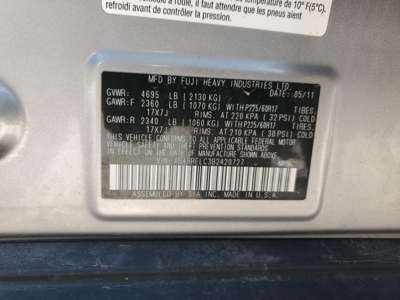 2011 Subaru Outback VIN: 4S4BRELC3B2420727 Lot: 82143955