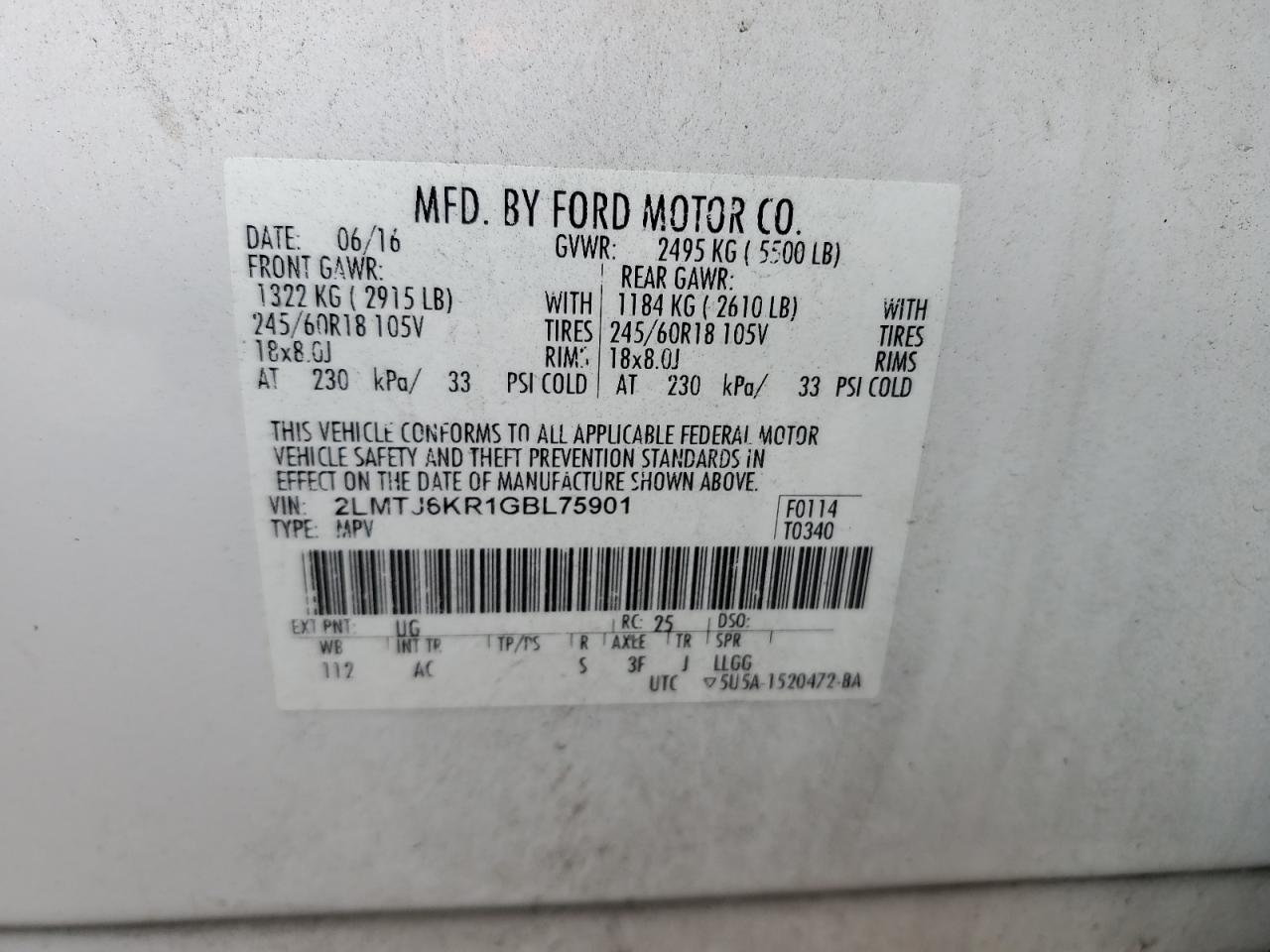 2016 Lincoln Mkx Select VIN: 2LMTJ6KR1GBL75901 Lot: 80539095