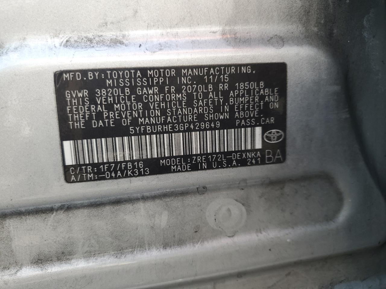 2016 Toyota Corolla L VIN: 5YFBURHE3GP429649 Lot: 81862855