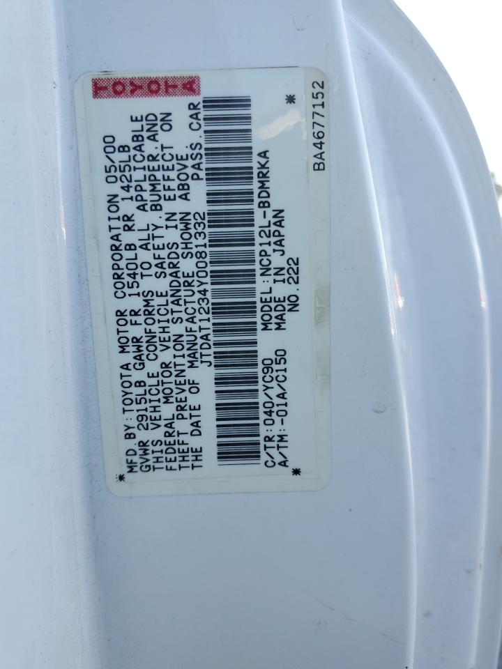 2000 Toyota Echo VIN: JTDAT1234Y0081332 Lot: 71708945