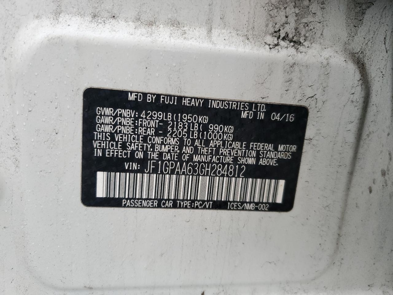 2016 Subaru Impreza VIN: JF1GPAA63GH284812 Lot: 83983705