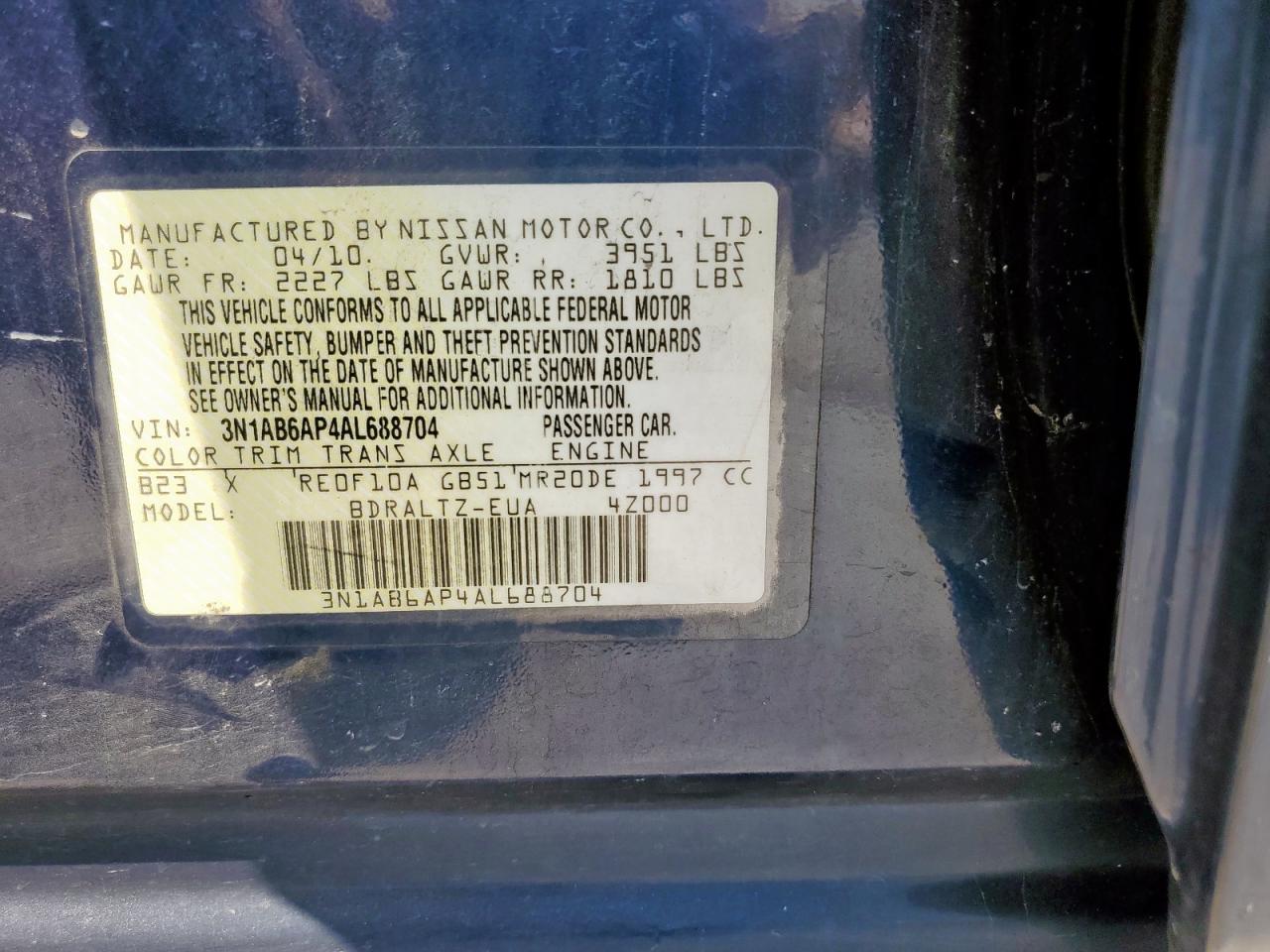 2010 Nissan Sentra 2.0 VIN: 3N1AB6AP4AL688704 Lot: 72015795