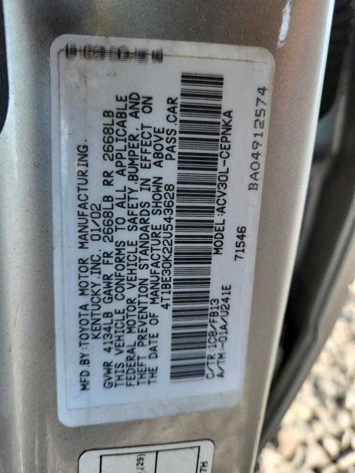 2002 Toyota Camry Le VIN: 4T1BE30K22U543628 Lot: 83988215