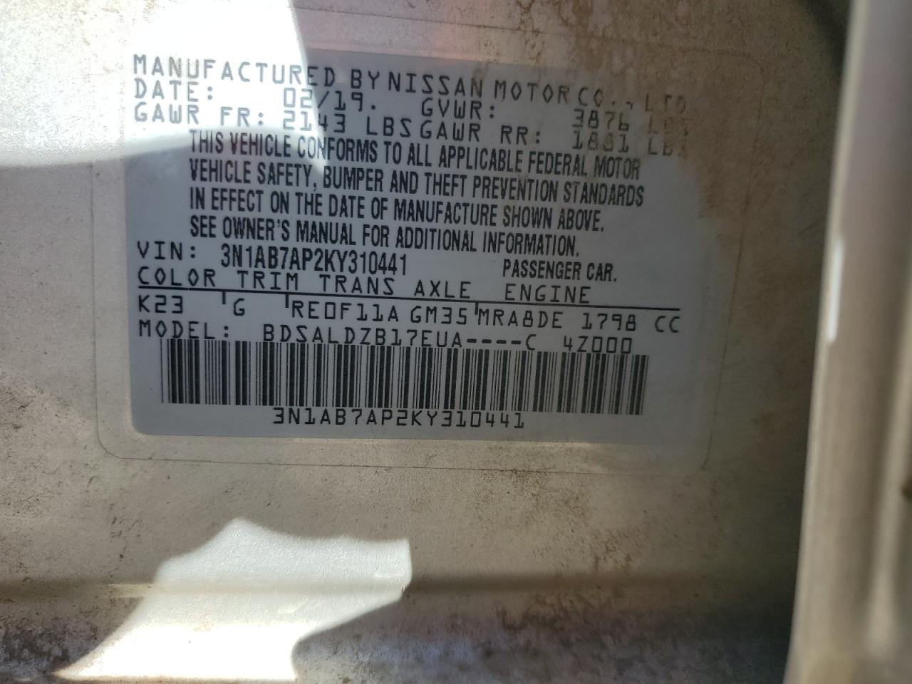 2019 Nissan Sentra S VIN: 3N1AB7AP2KY310441 Lot: 81328855