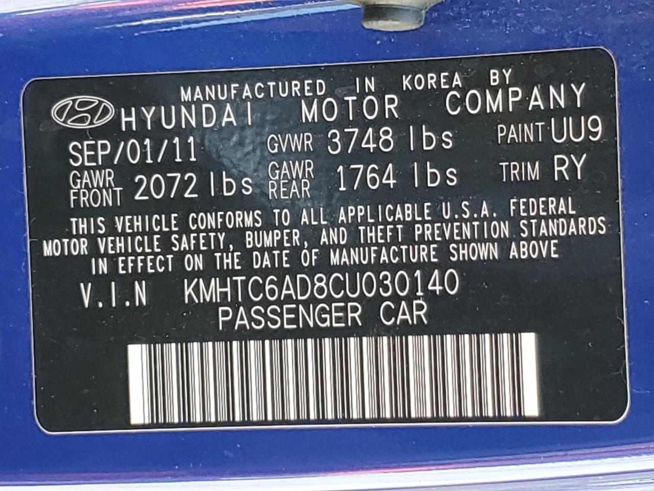 2012 Hyundai Veloster VIN: KMHTC6AD8CU030140 Lot: 84633375