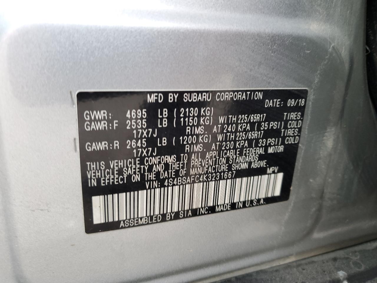 2019 Subaru Outback 2.5I Premium VIN: 4S4BSAFC4K3231667 Lot: 80128805