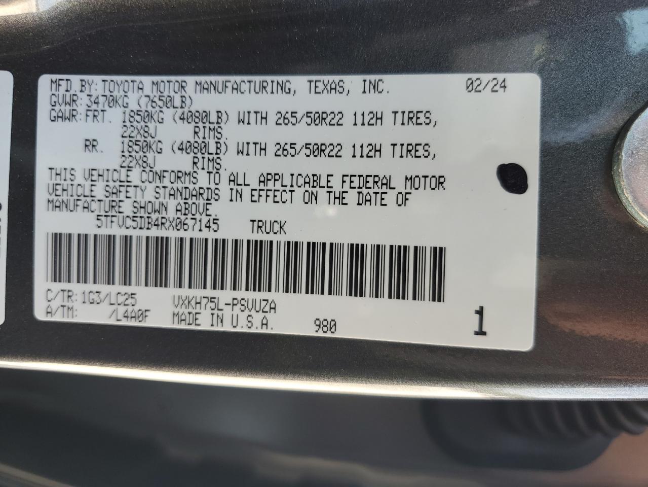 2024 Toyota Tundra Crewmax Capstone VIN: 5TFVC5DB4RX067145 Lot: 80525795