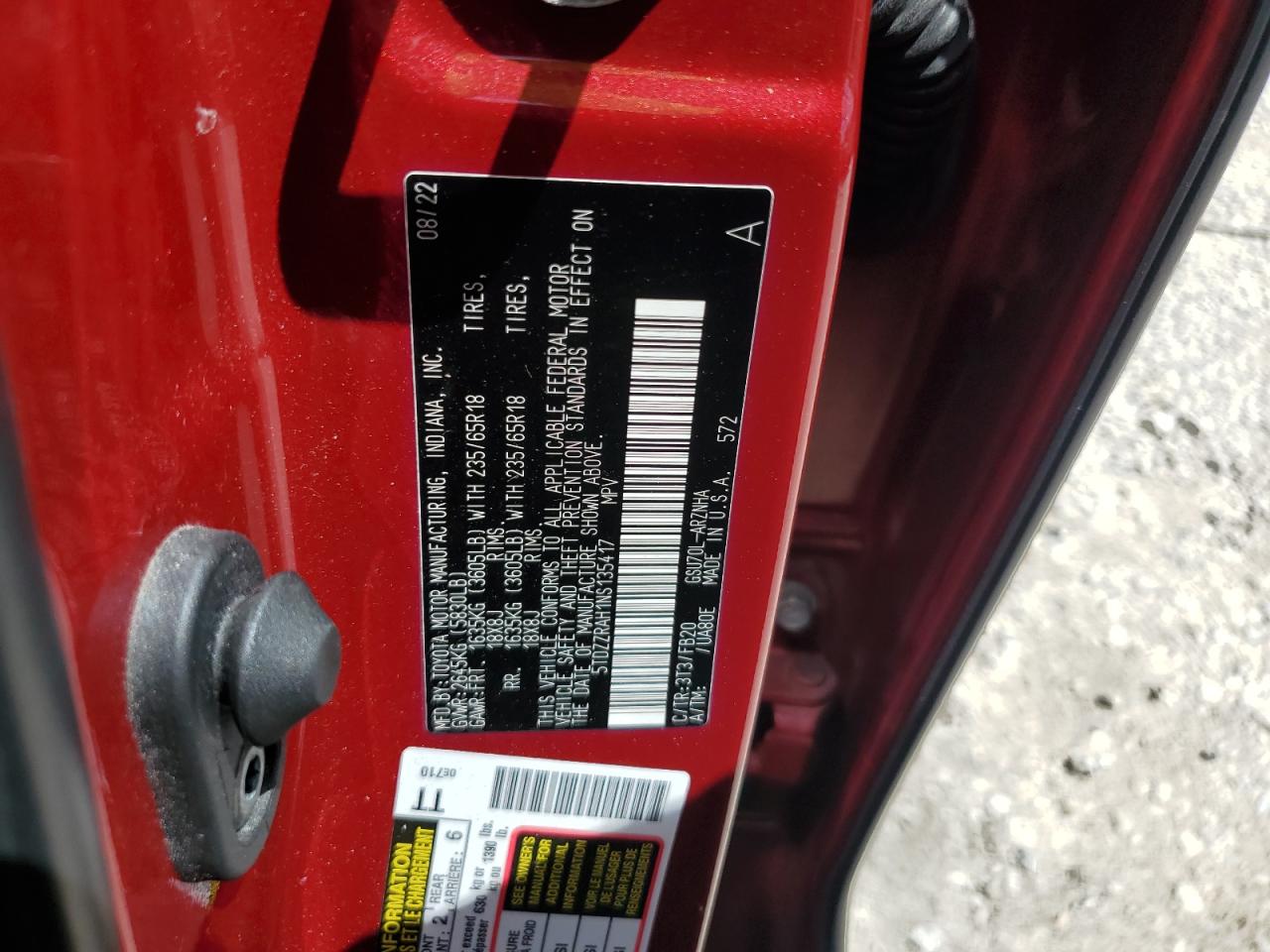 2022 Toyota Highlander L VIN: 5TDZZRAH1NS135417 Lot: 71835035