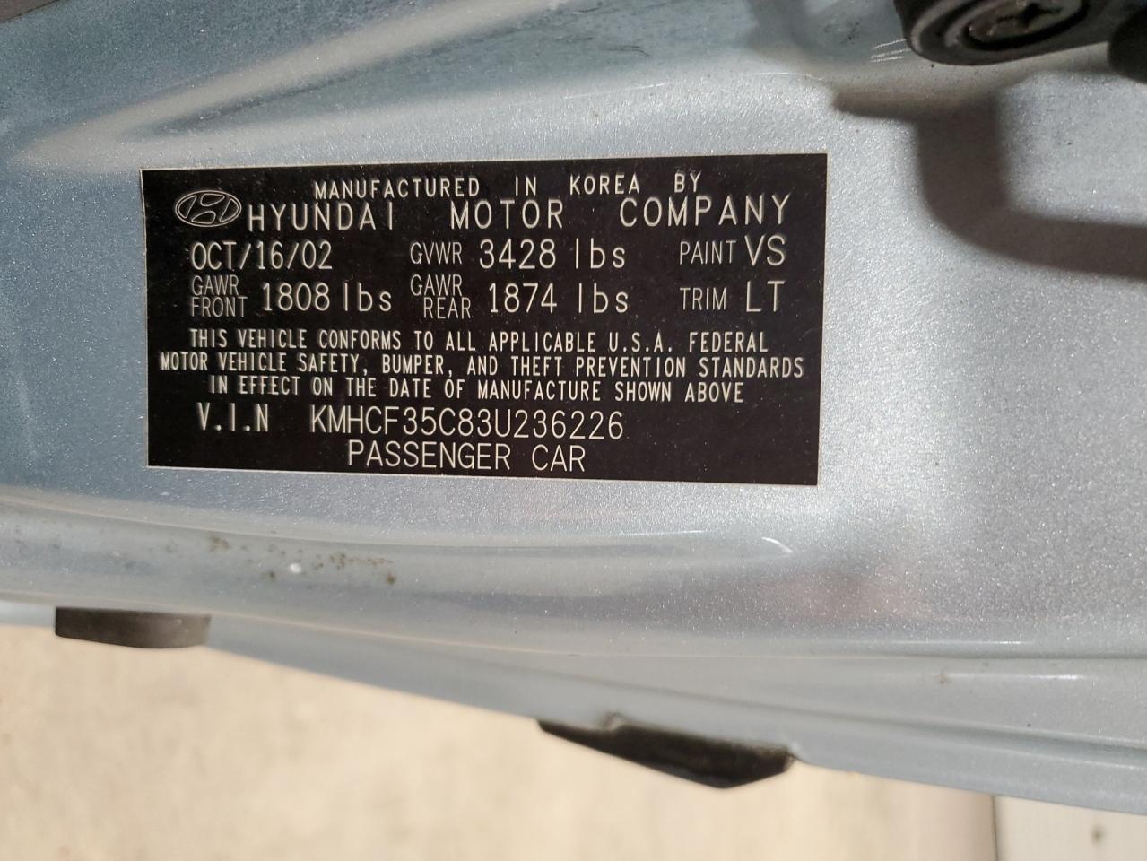 2003 Hyundai Accent L VIN: KMHCF35C83U236226 Lot: 84752205