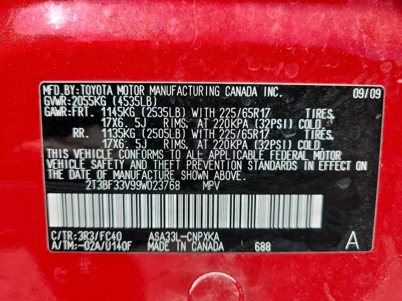 2009 Toyota Rav4 VIN: 2T3BF33V99W023768 Lot: 84047825