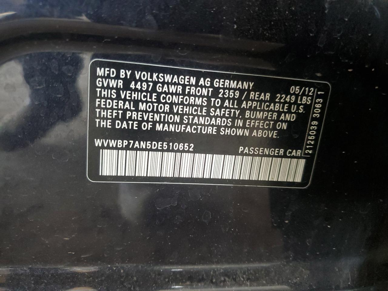 2013 Volkswagen Cc Sport VIN: WVWBP7AN5DE510652 Lot: 70950485