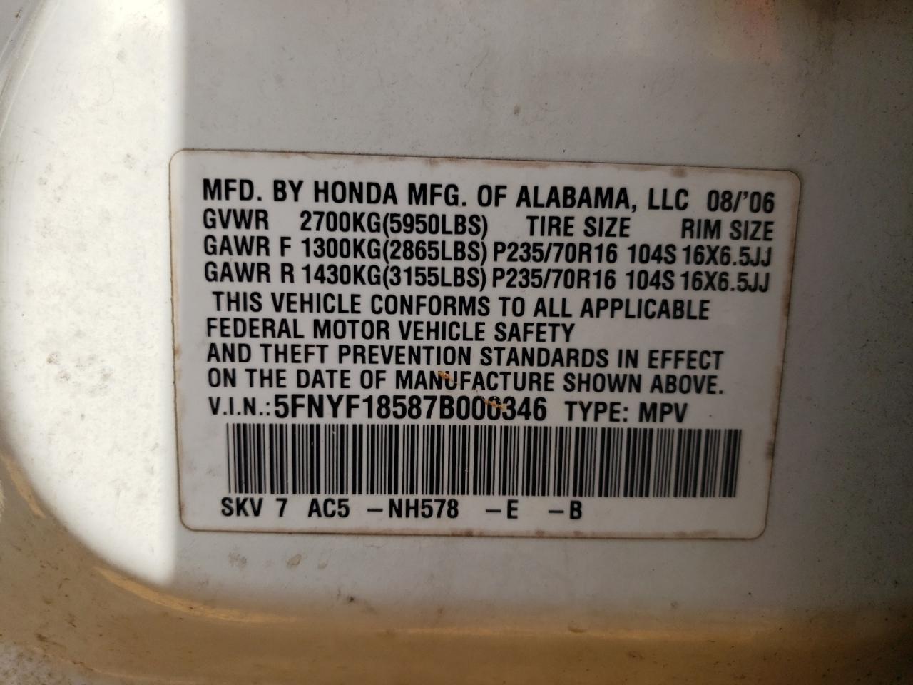 2007 Honda Pilot Exl VIN: 5FNYF18587B000346 Lot: 84193195