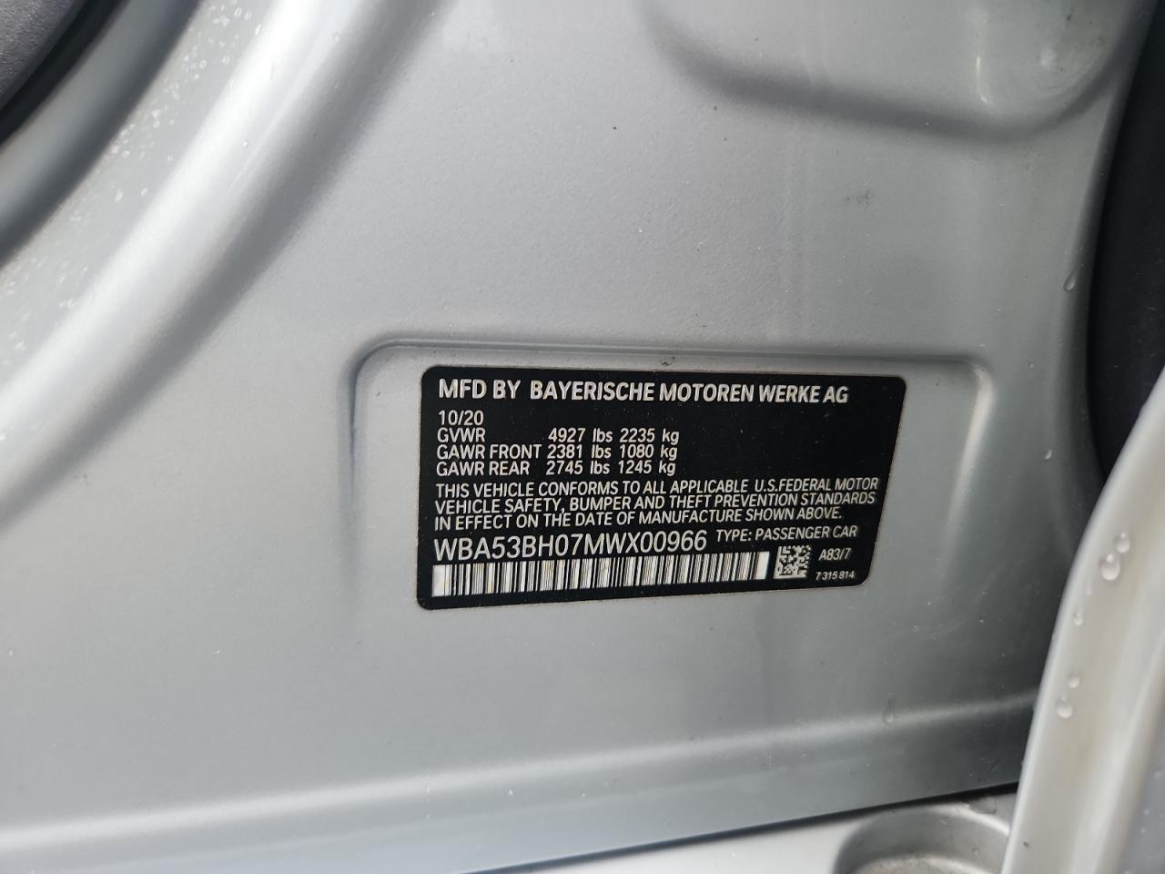 2021 BMW 530 I VIN: WBA53BH07MWX00966 Lot: 82151515