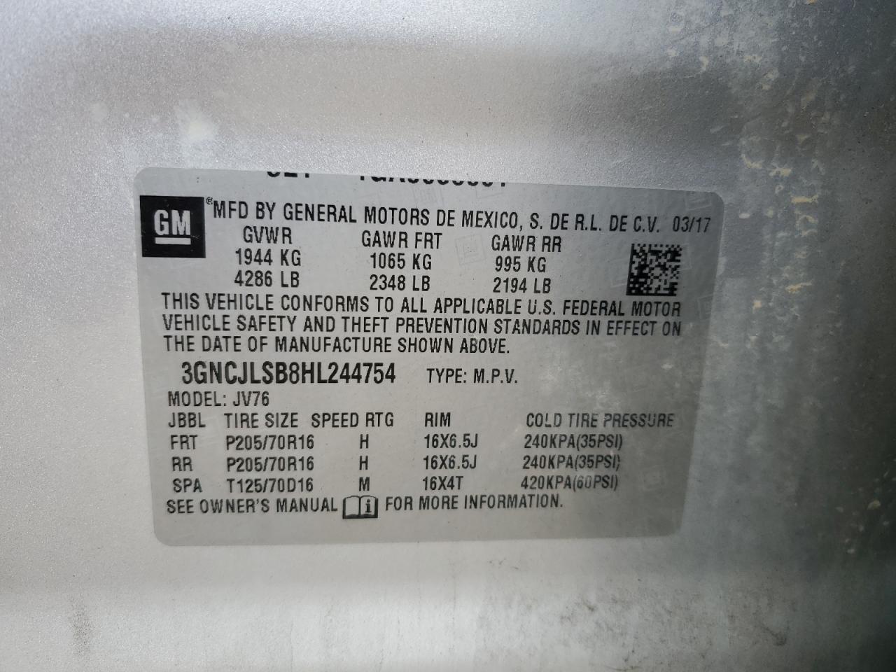 2017 Chevrolet Trax 1Lt VIN: 3GNCJLSB8HL244754 Lot: 71490585