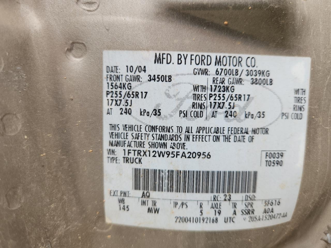 2005 Ford F150 VIN: 1FTRX12W95FA20956 Lot: 69656215