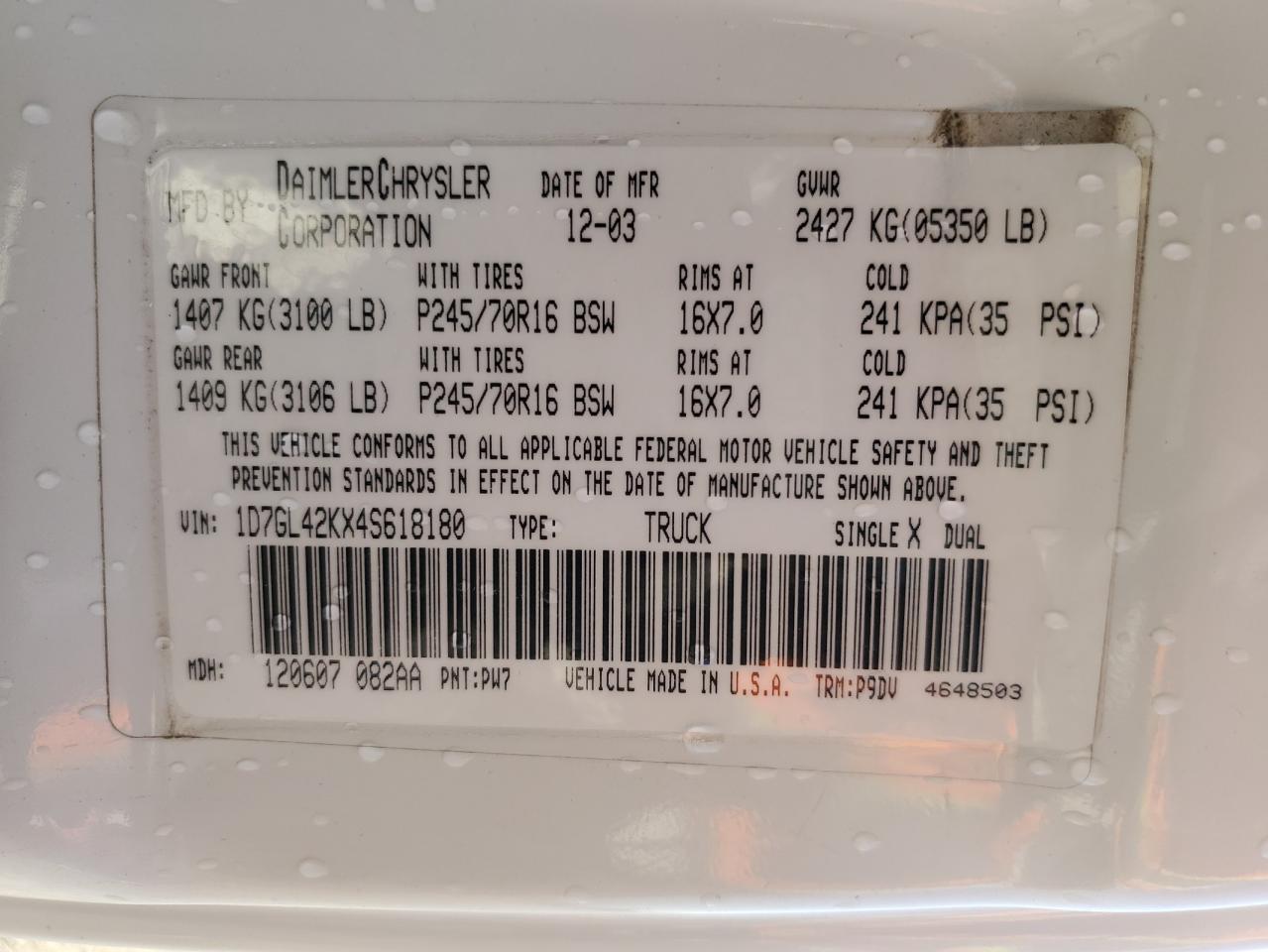 2004 Dodge Dakota Slt VIN: 1D7GL42KX4S618180 Lot: 80401935