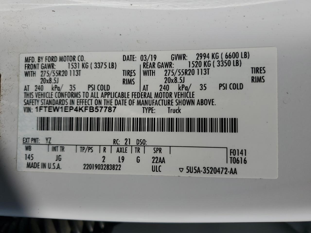 2019 Ford F150 Supercrew VIN: 1FTEW1EP4KFB57787 Lot: 71896475