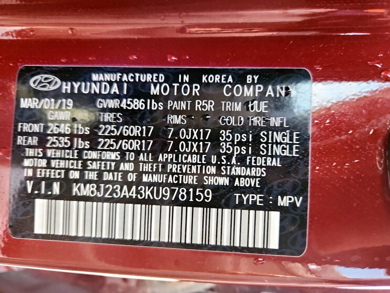 2019 Hyundai Tucson Se VIN: KM8J23A43KU978159 Lot: 84248255