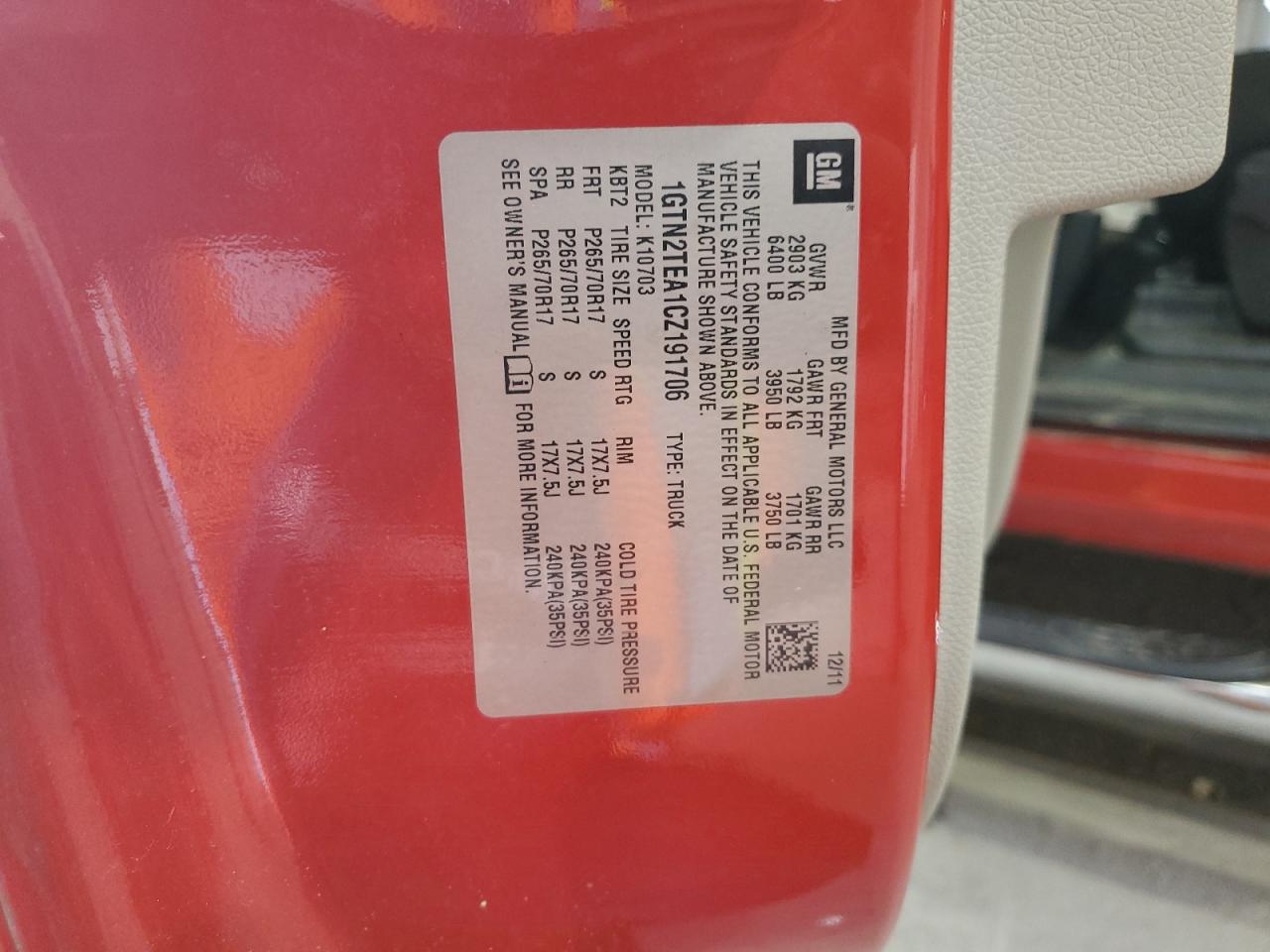 2012 GMC Sierra K1500 VIN: 1GTN2TEA1CZ191706 Lot: 71450475