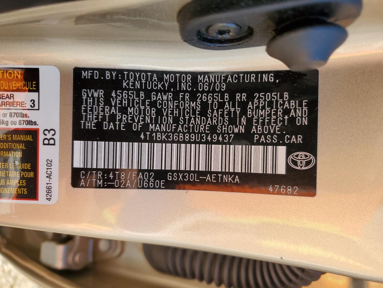 2009 Toyota Avalon Xl VIN: 4T1BK36B89U349437 Lot: 83760585