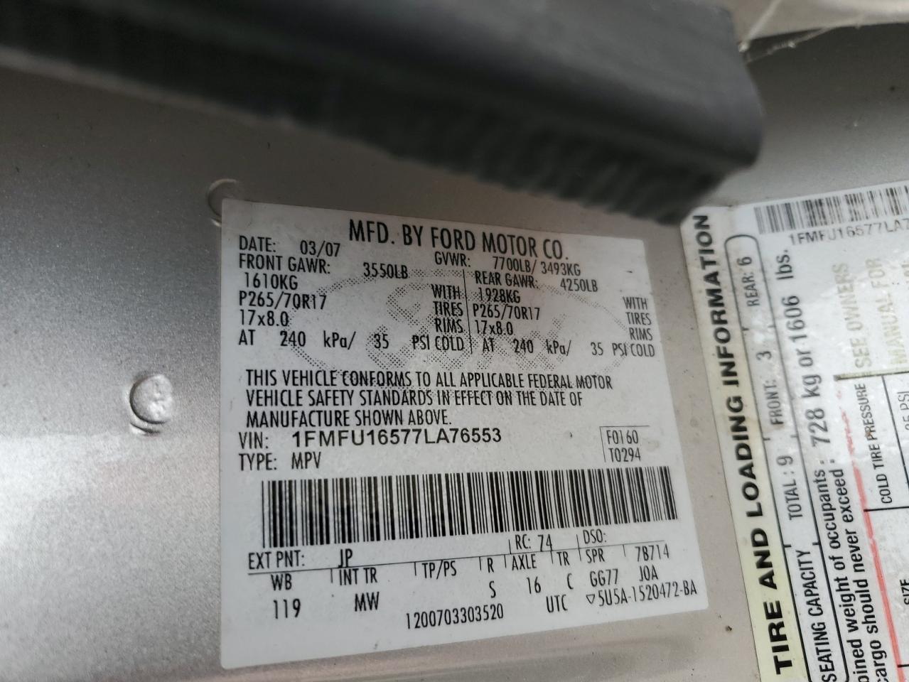 2007 Ford Expedition Xlt VIN: 1FMFU16577LA76553 Lot: 81336675