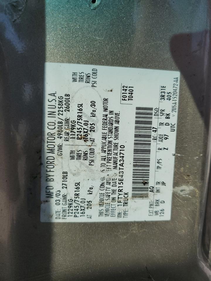 2003 Ford Ranger Super Cab VIN: 1FTYR15E43TA34710 Lot: 72076185