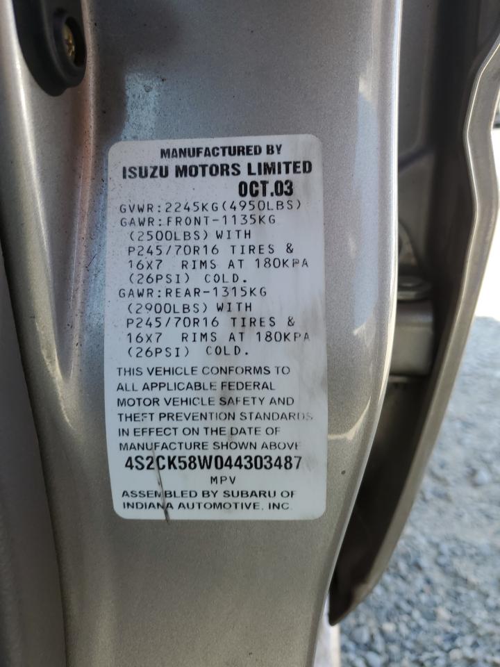 2004 Isuzu Rodeo S VIN: 4S2CK58W044303487 Lot: 71534955