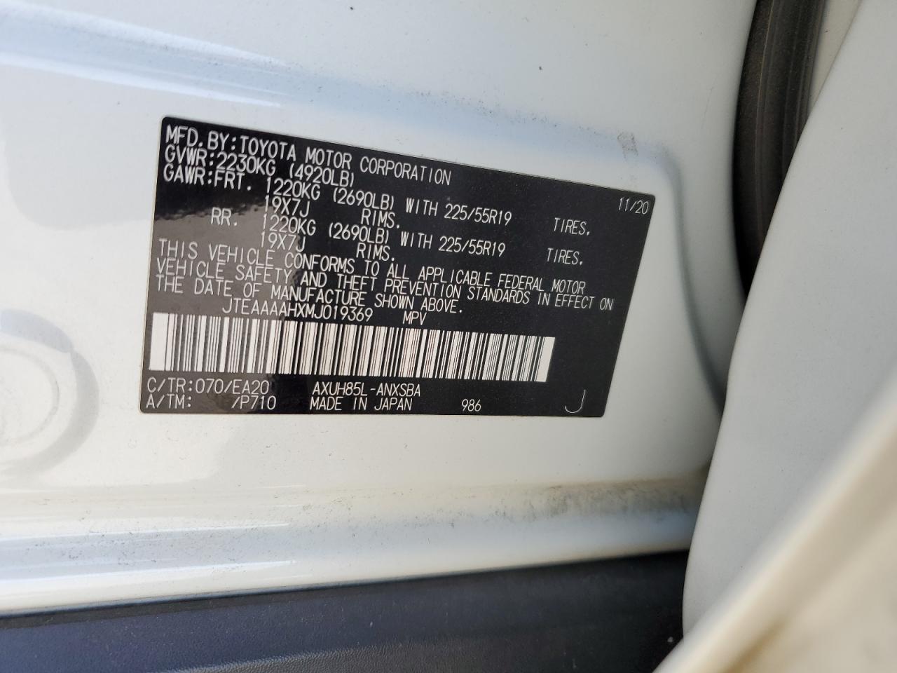 2021 Toyota Venza Le VIN: JTEAAAAHXMJ019369 Lot: 80951165