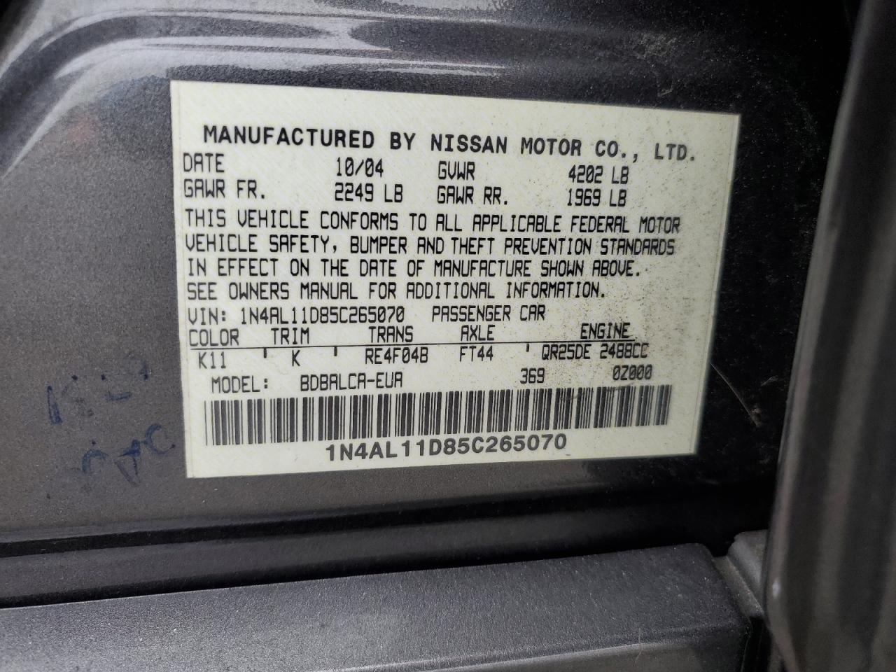 2005 Nissan Altima S VIN: 1N4AL11D85C265070 Lot: 81921115