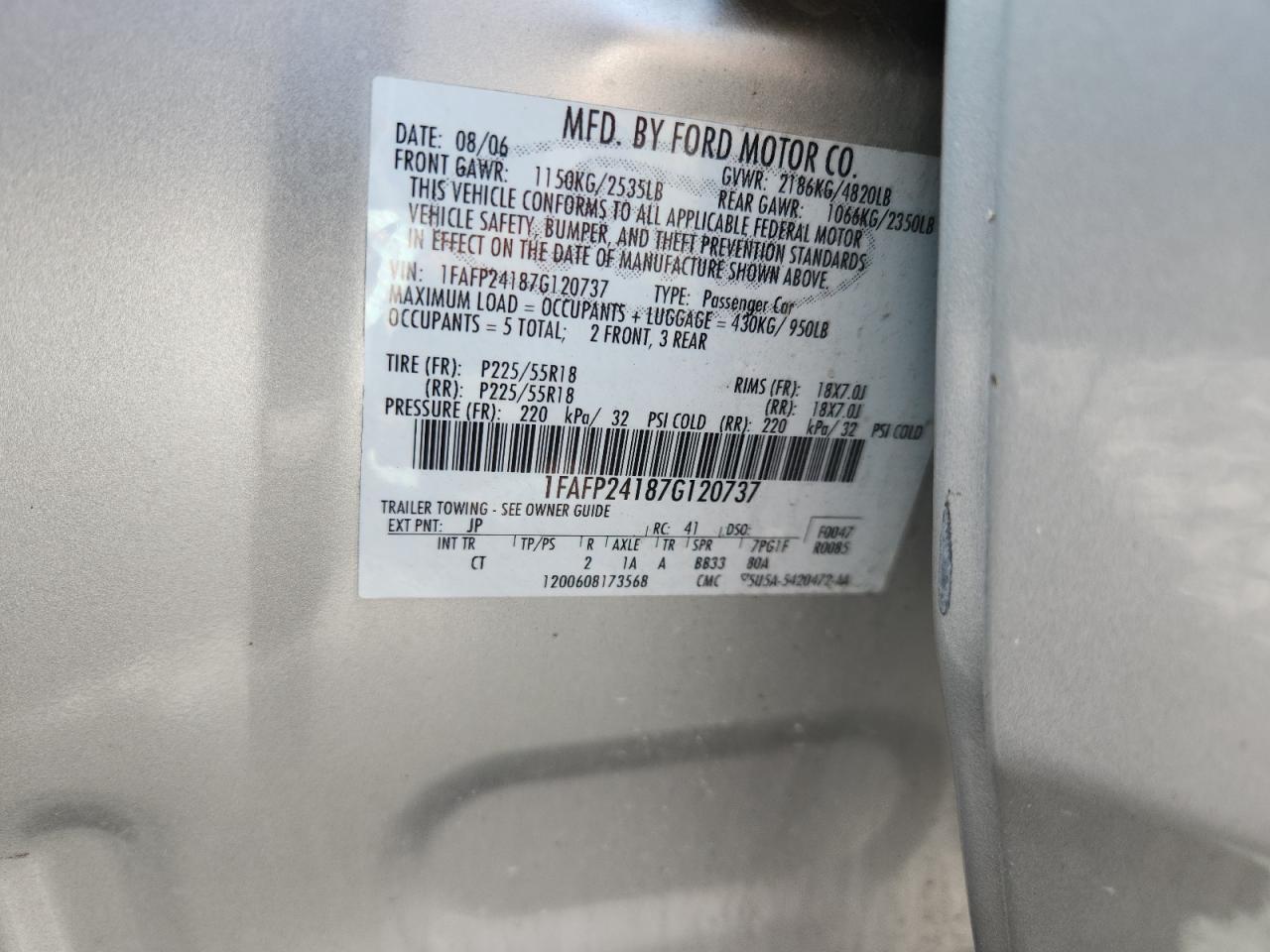 2007 Ford Five Hundred Sel VIN: 1FAFP24187G120737 Lot: 80136925