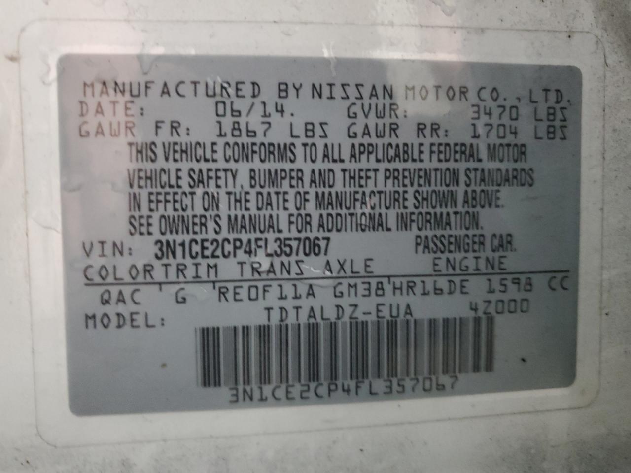 2015 Nissan Versa Note S VIN: 3N1CE2CP4FL357067 Lot: 71413855