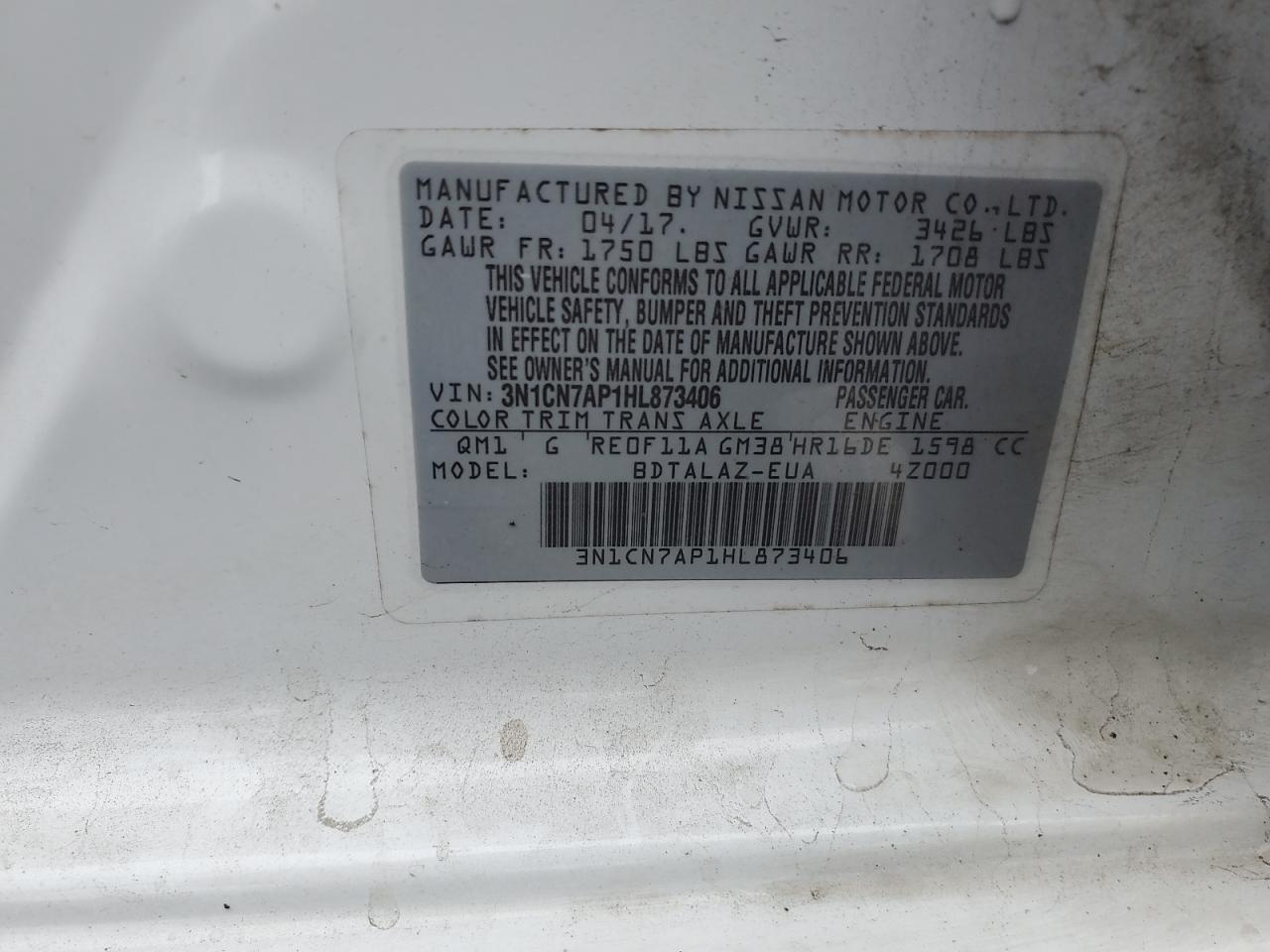 2017 Nissan Versa S VIN: 3N1CN7AP1HL873406 Lot: 84011065