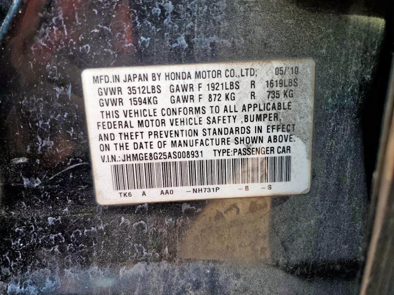 2010 Honda Fit VIN: JHMGE8G25AS008931 Lot: 82122385