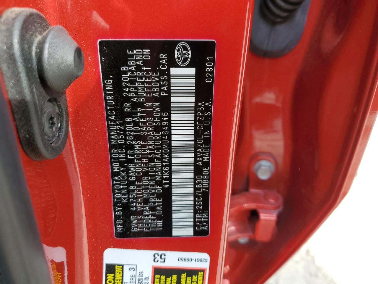 2021 Toyota Camry Xse VIN: 4T1K61AK0MU464946 Lot: 68275625