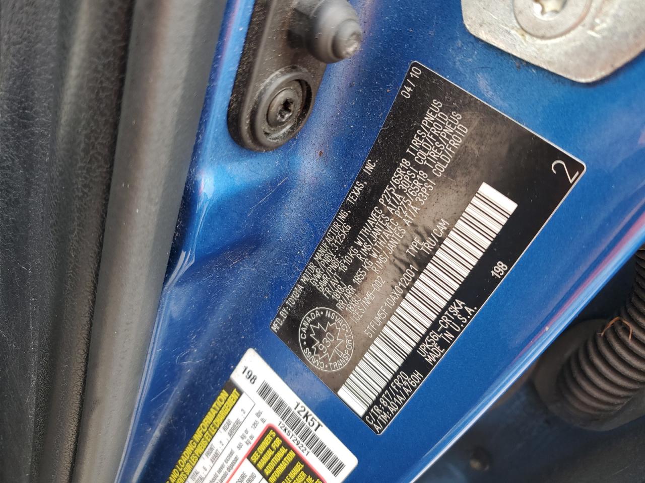 2010 Toyota Tundra Double Cab Sr5 VIN: 5TFUM5F10AX012001 Lot: 71739375