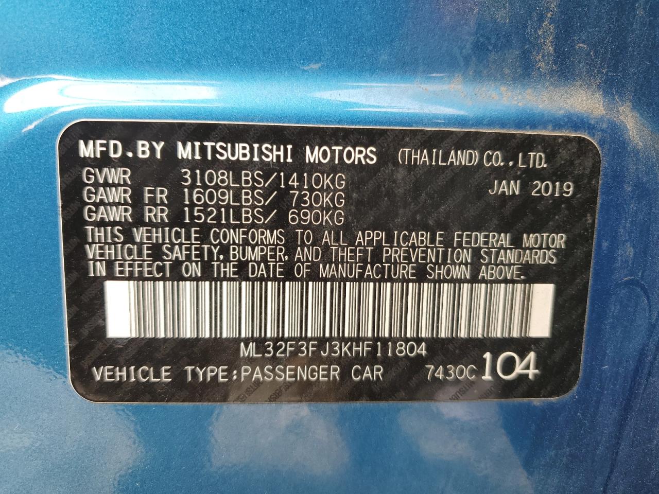 2019 Mitsubishi Mirage G4 Es VIN: ML32F3FJ3KHF11804 Lot: 71416585